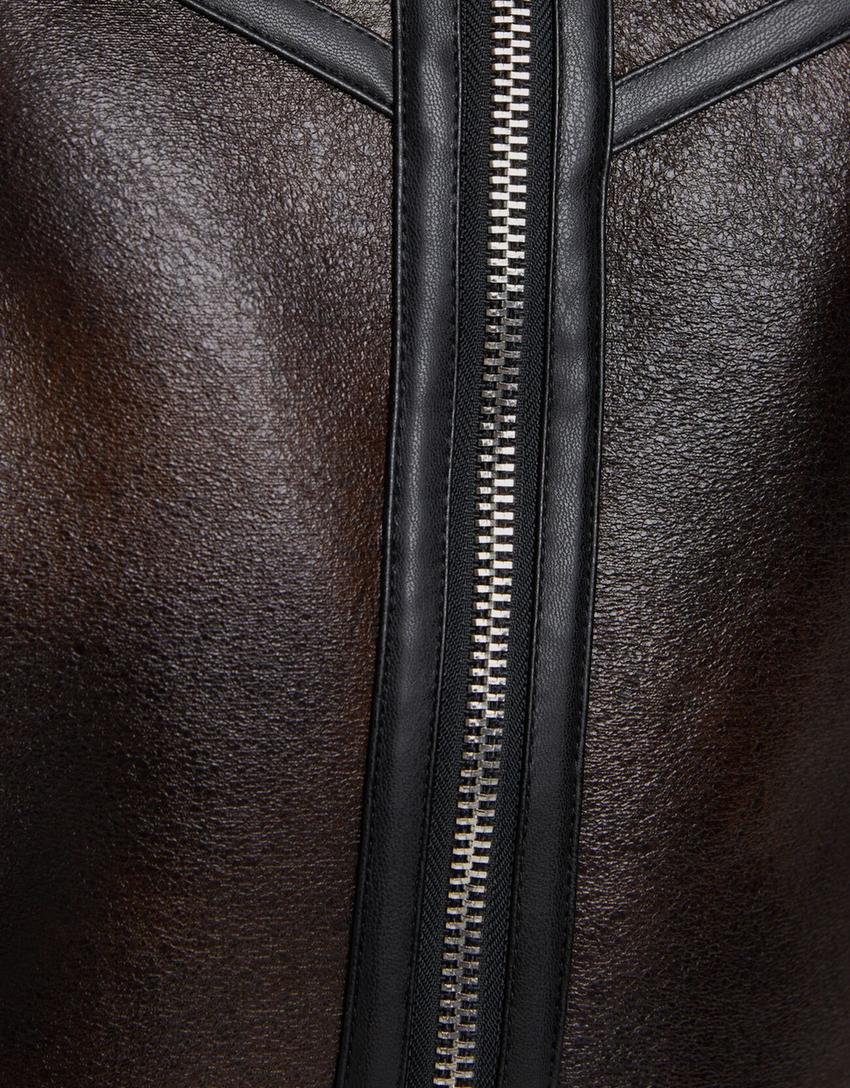 Distressed double-faced faux leather trucker jacket-Brown