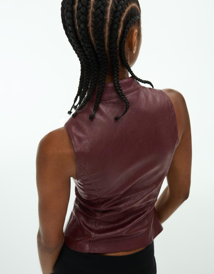 Leather-effect sleeveless high-neck top-Burgundy