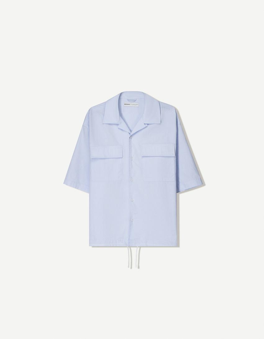 Oversized popeline blouse met korte mouw-Blauw-5