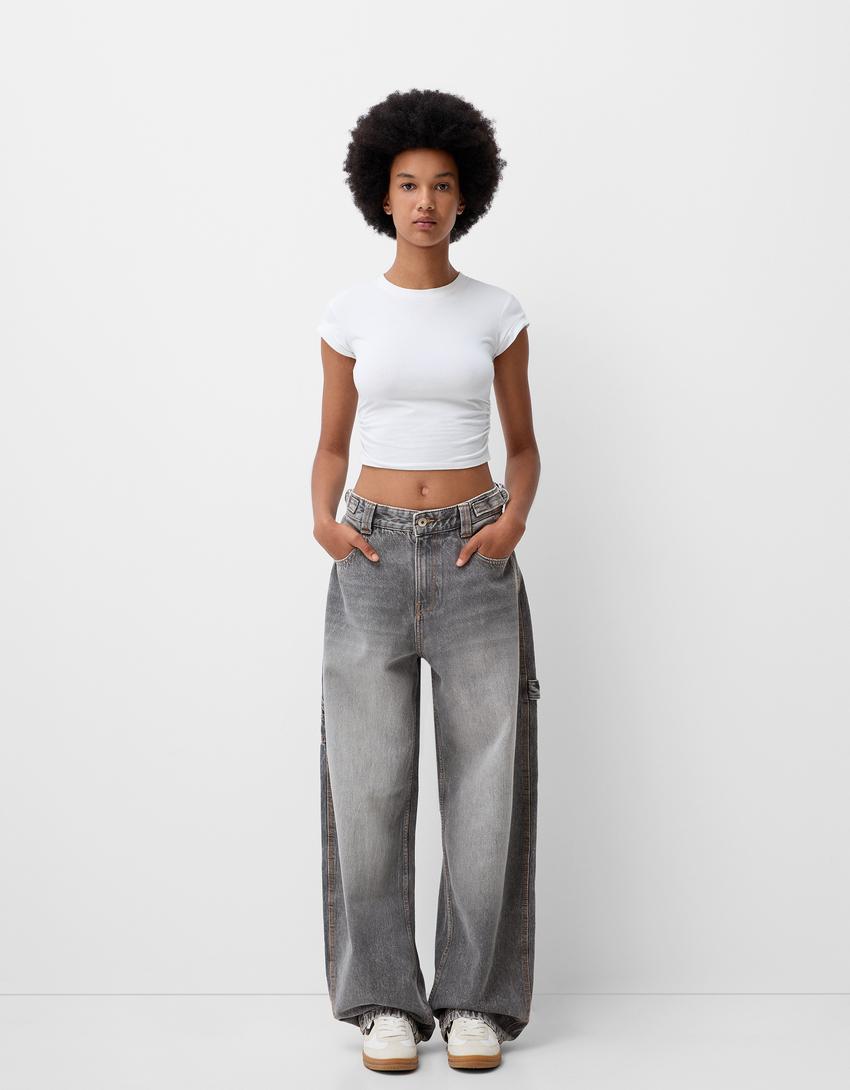 Adjustable balloon fit carpenter jeans-Grey