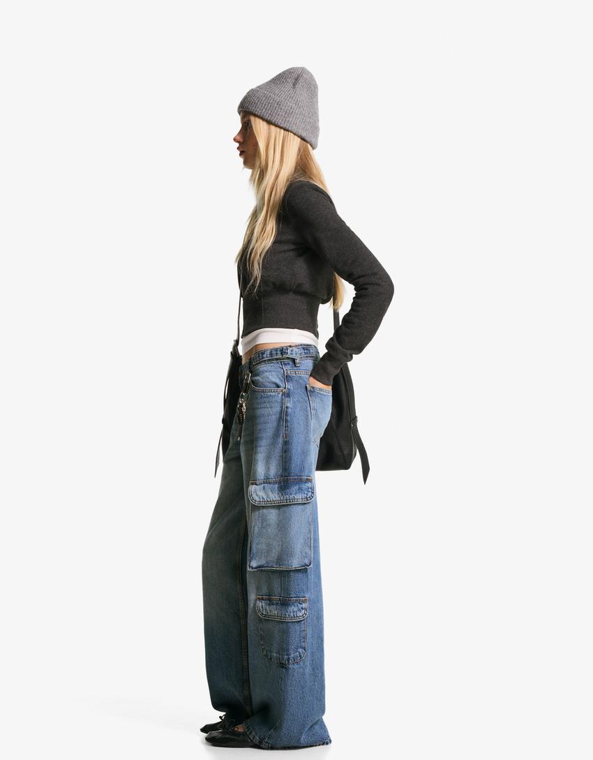 Jeans wide leg cargo-Azul lavado