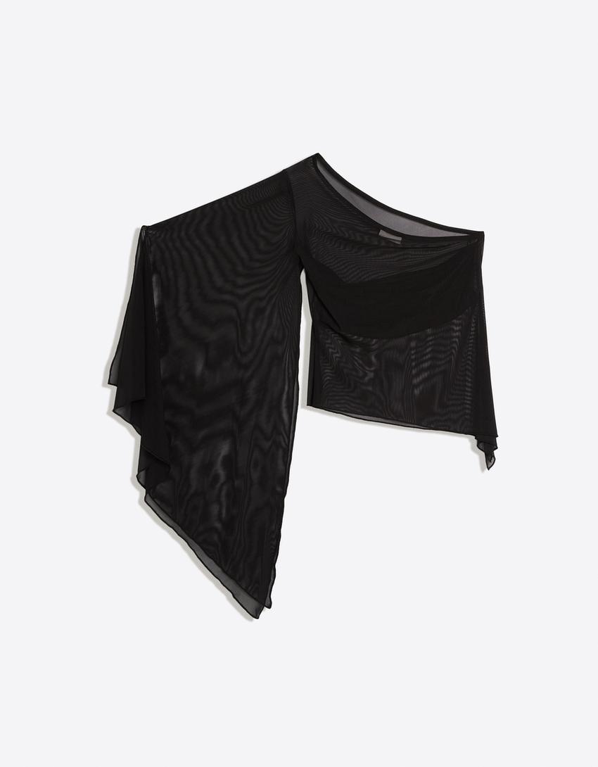 Asymmetric tulle top-Black