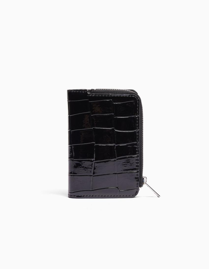 Embossed faux-patent-finish animal print purse-Black