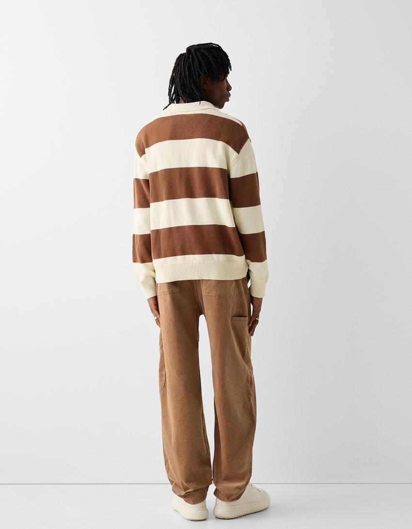 Pull col polo rayures broderie-Marron-1