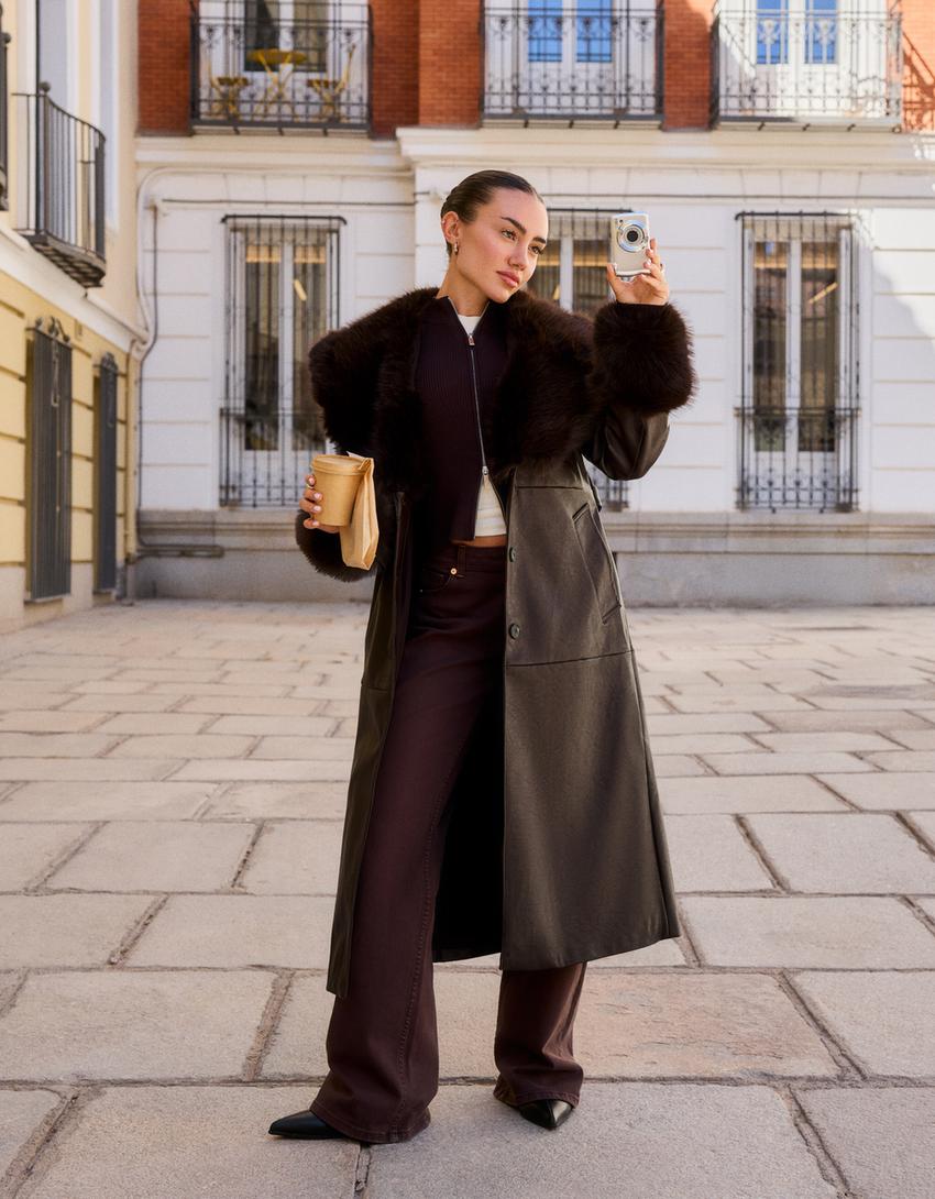 Manteau en similicuir et fausse fourrure-Marron