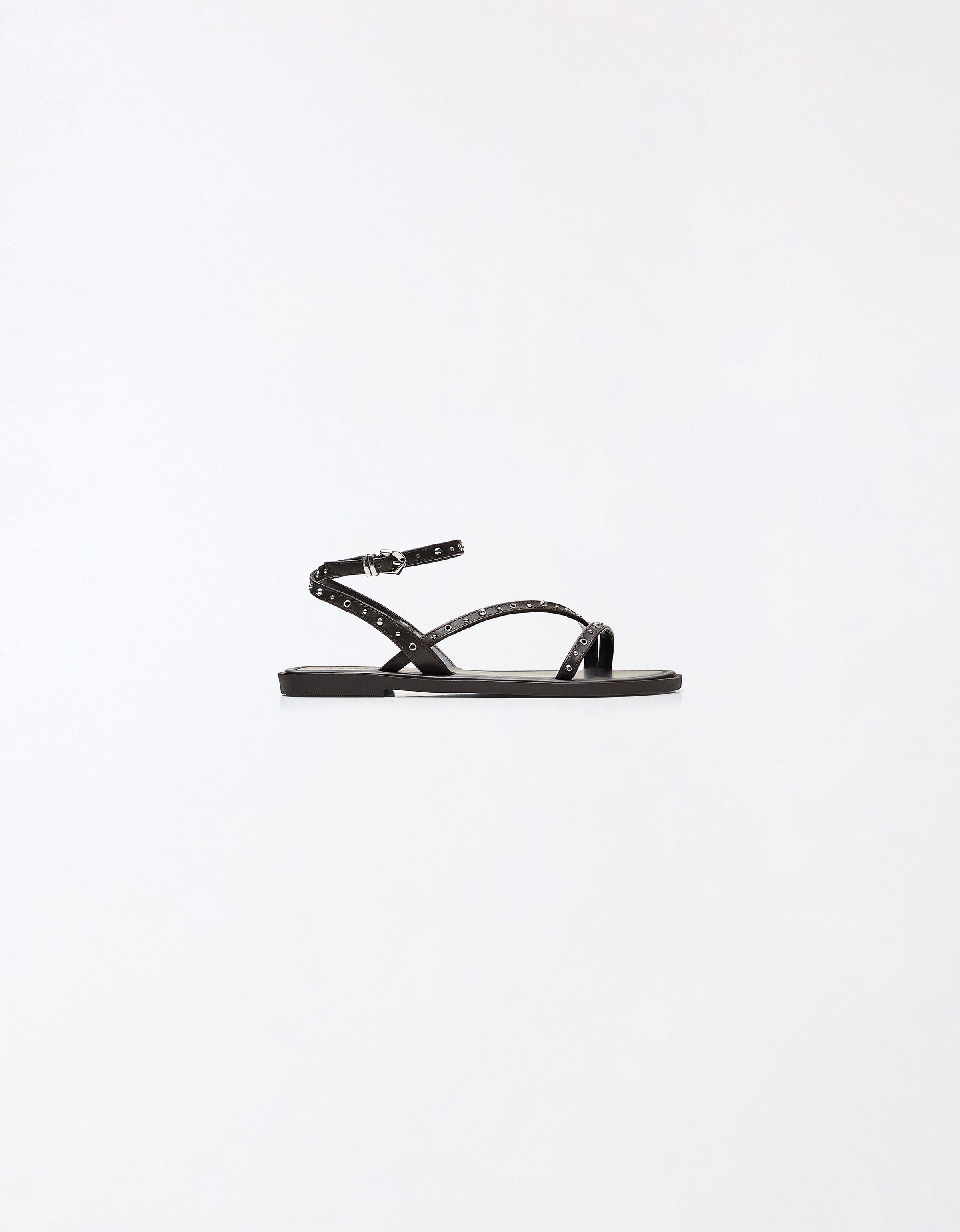 MULTISTRAP STUDDED FLAT SANDALS — Brown