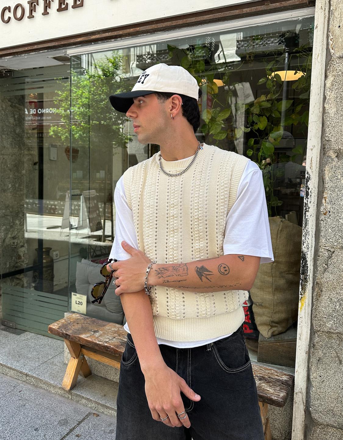 Textured open knit vest