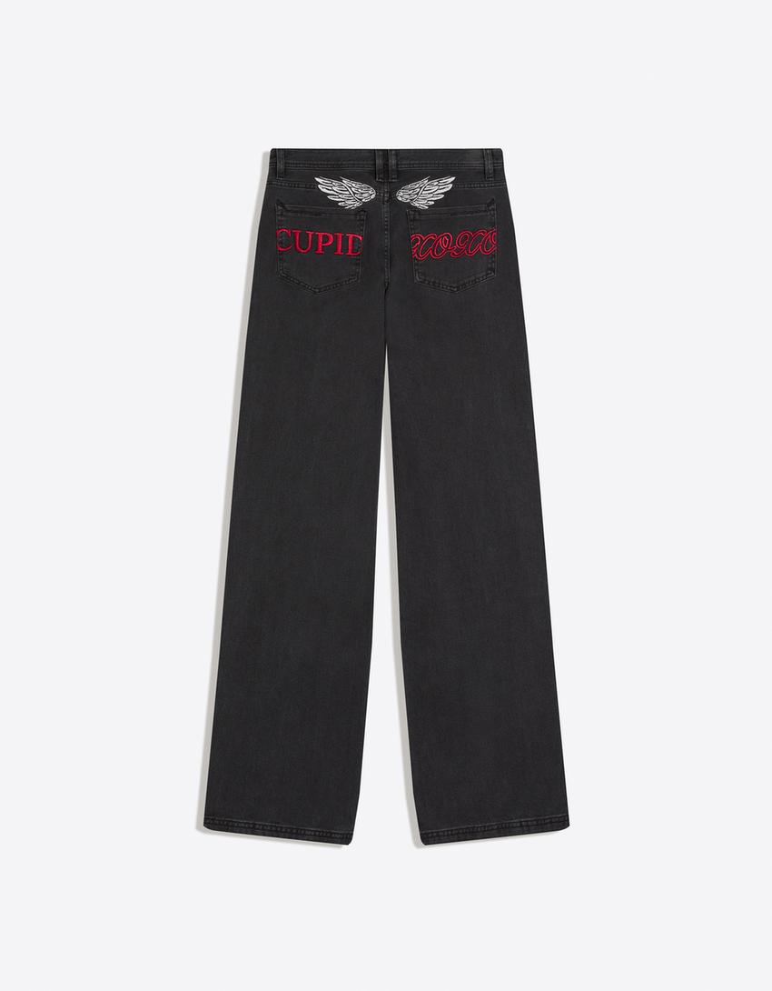 Embroidered twill trousers-Grey