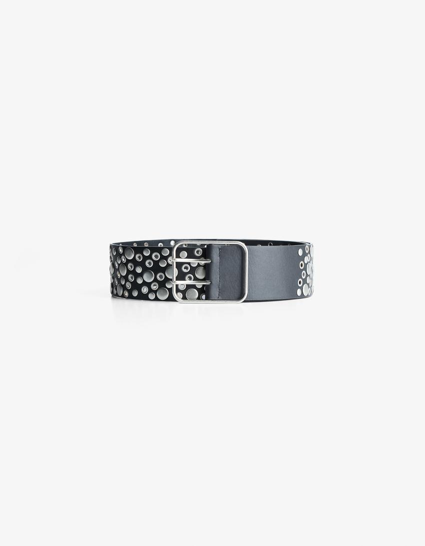 Wide leather effect studded belt-Black