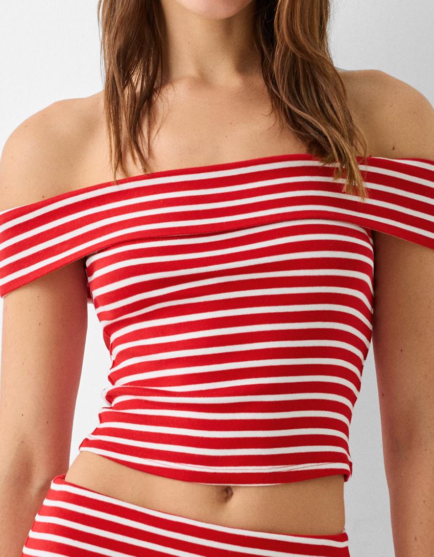 Kısa kollu açık omuzlu t-shirt-Beyaz-5