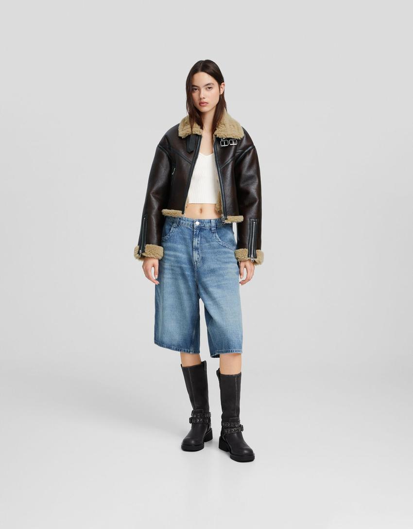 Distressed double-faced faux leather trucker jacket-Brown