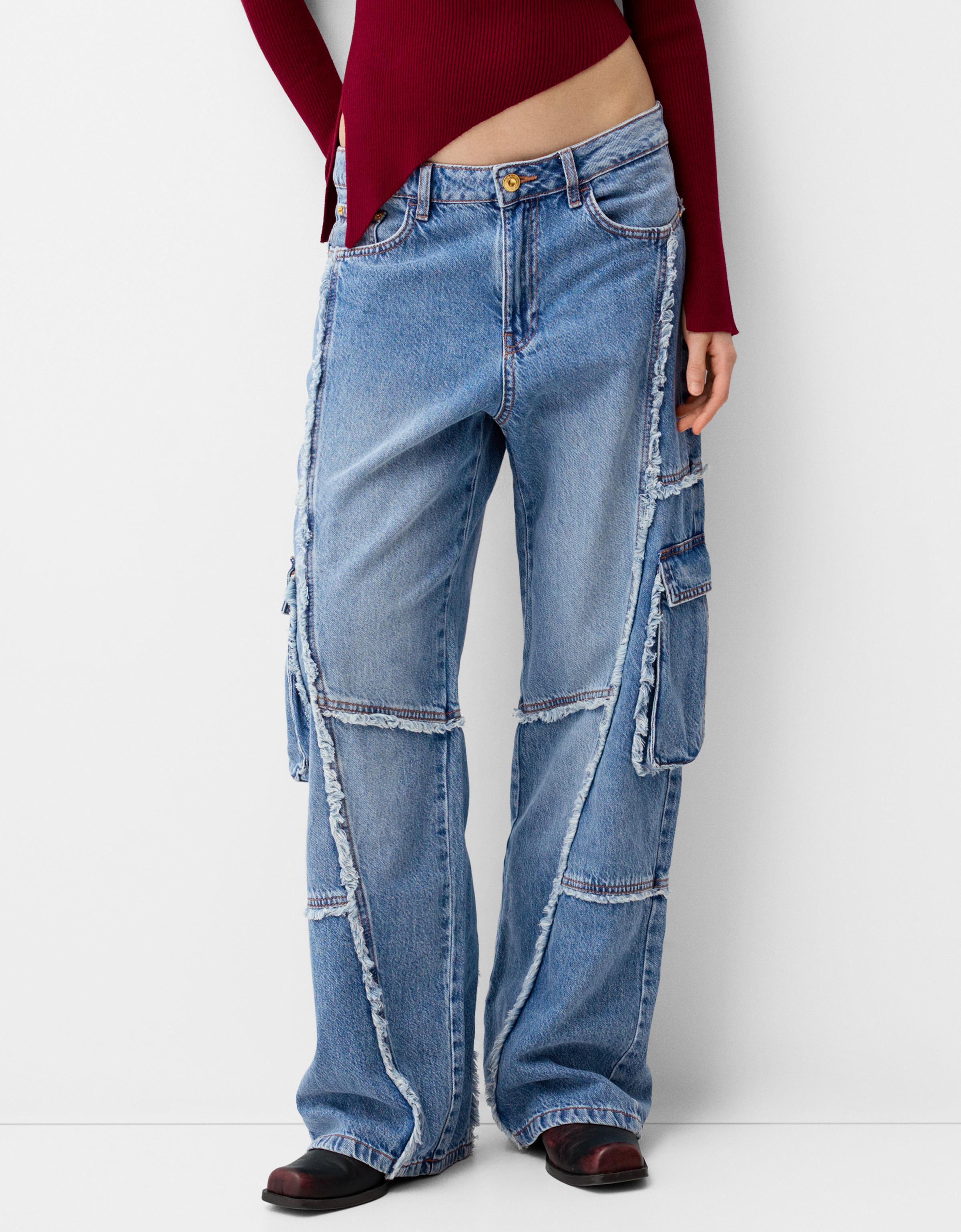 Bershka Cargo-Jeans Im Baggy-Hosen-Stil Mit Fransen Damen 42 Ausgewaschenes Blau