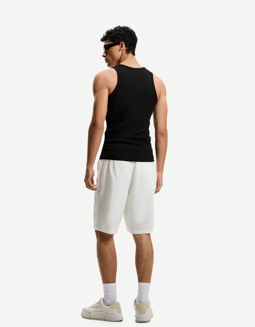 Keten karışımlı loose fit jogger bermuda-Beyaz