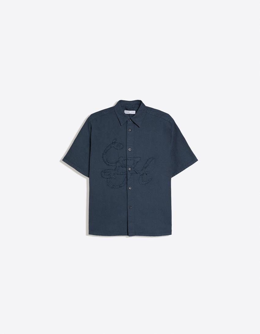 Short sleeve boxy fit patch shirt-Navy