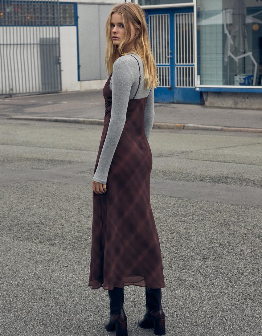 Vestido midi chiffón blonda-Marrón