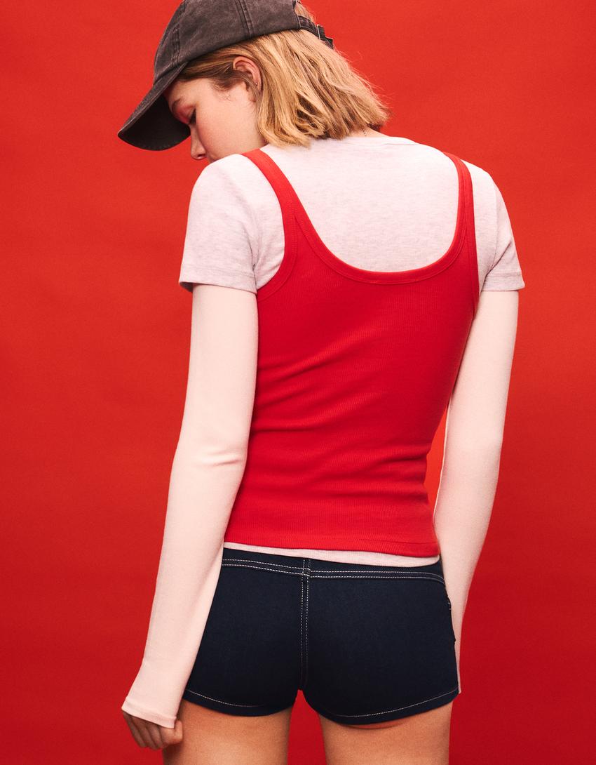 Contrast denim mini shorts-Navy