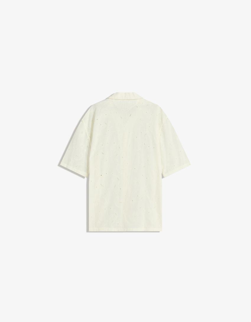 Short sleeve shirt with floral embroidery-Sand-5