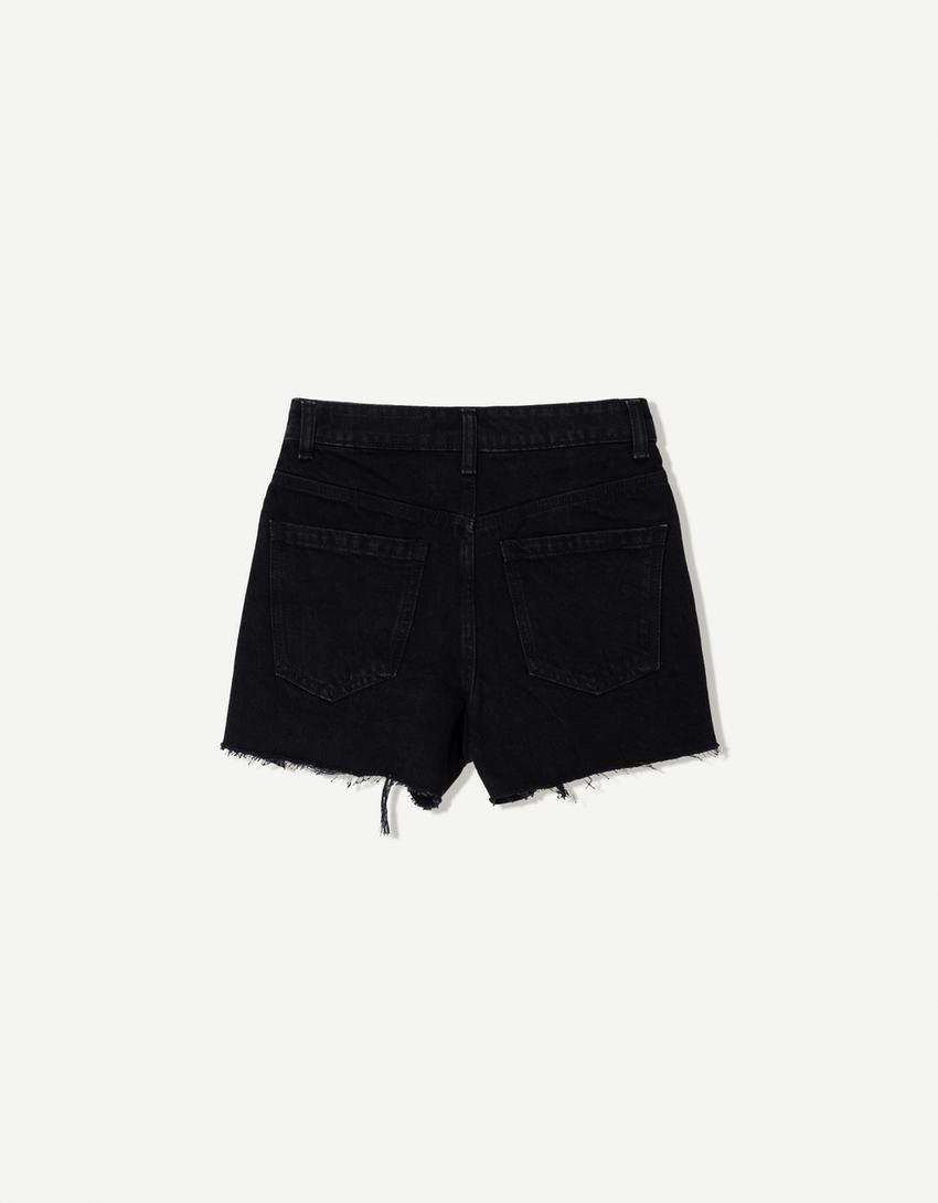 Ripped denim shorts-Black-4