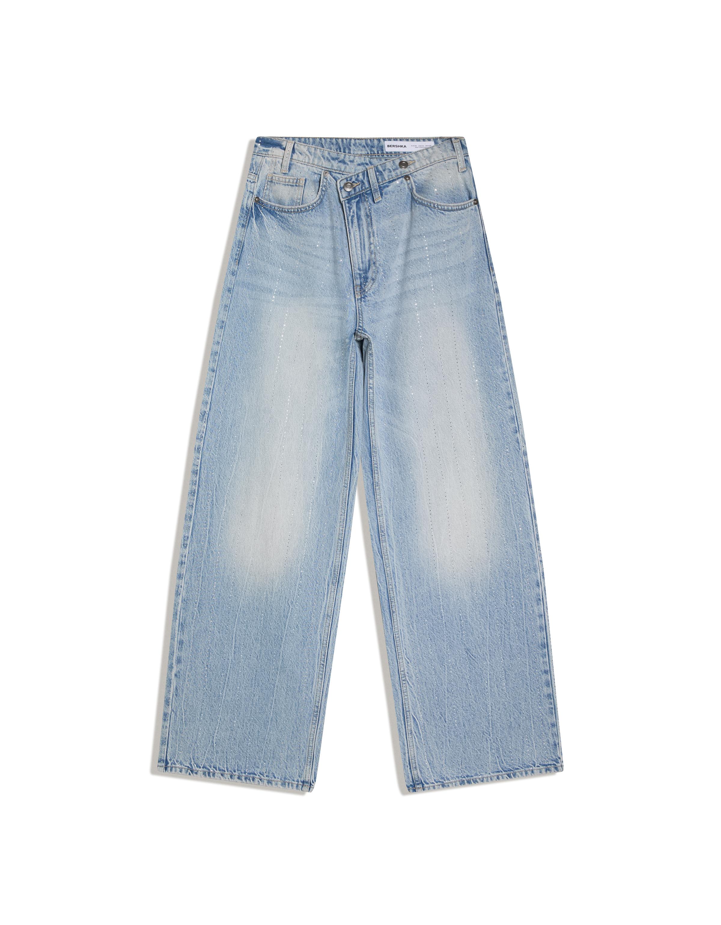 Shimmery wide-leg jeans with crossover waist — Light blue