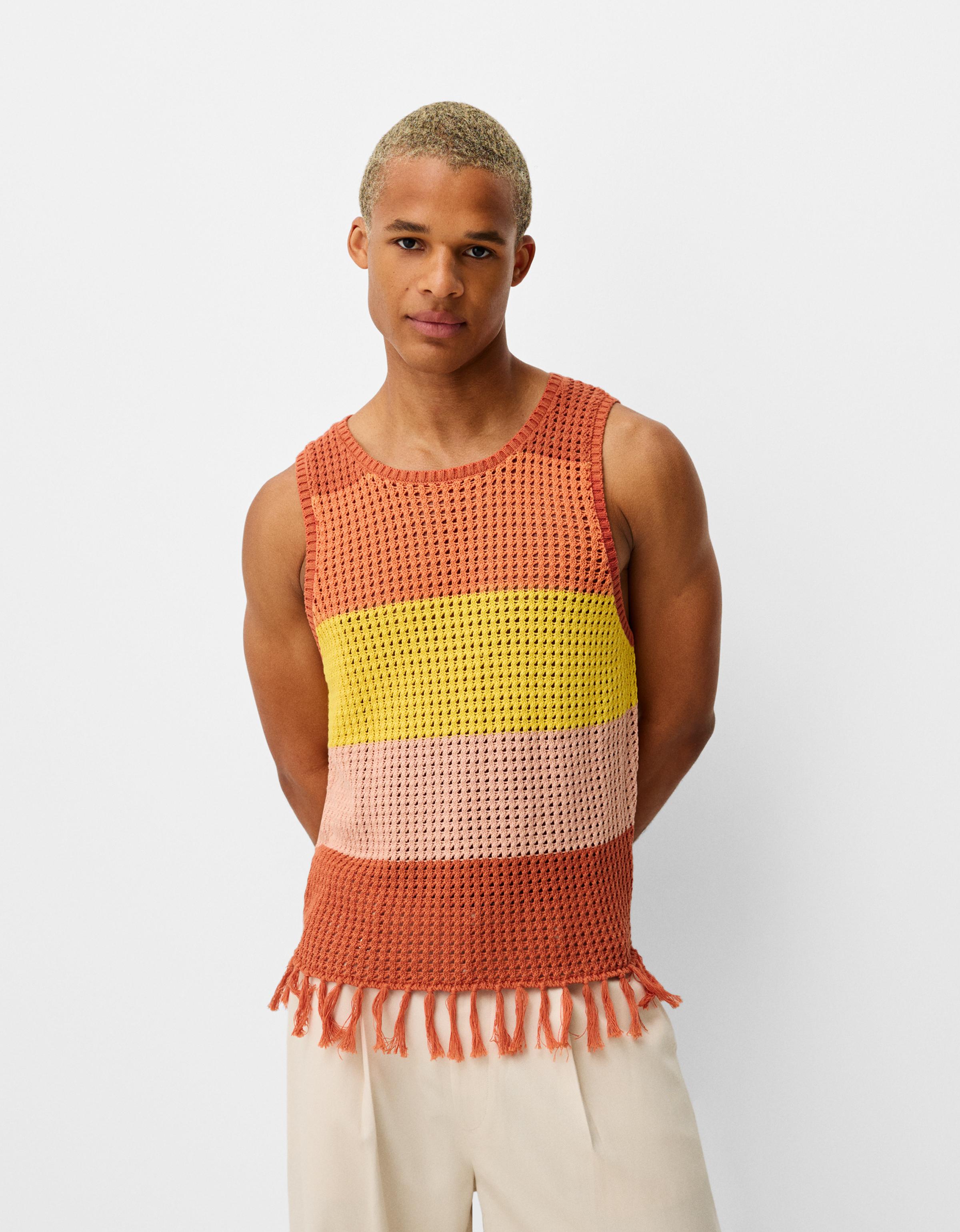 Bershka T-Shirt Bershka X Paradiso Im Tanktop-Stil Mit Lochmuster Und Fransen Herren L Rot