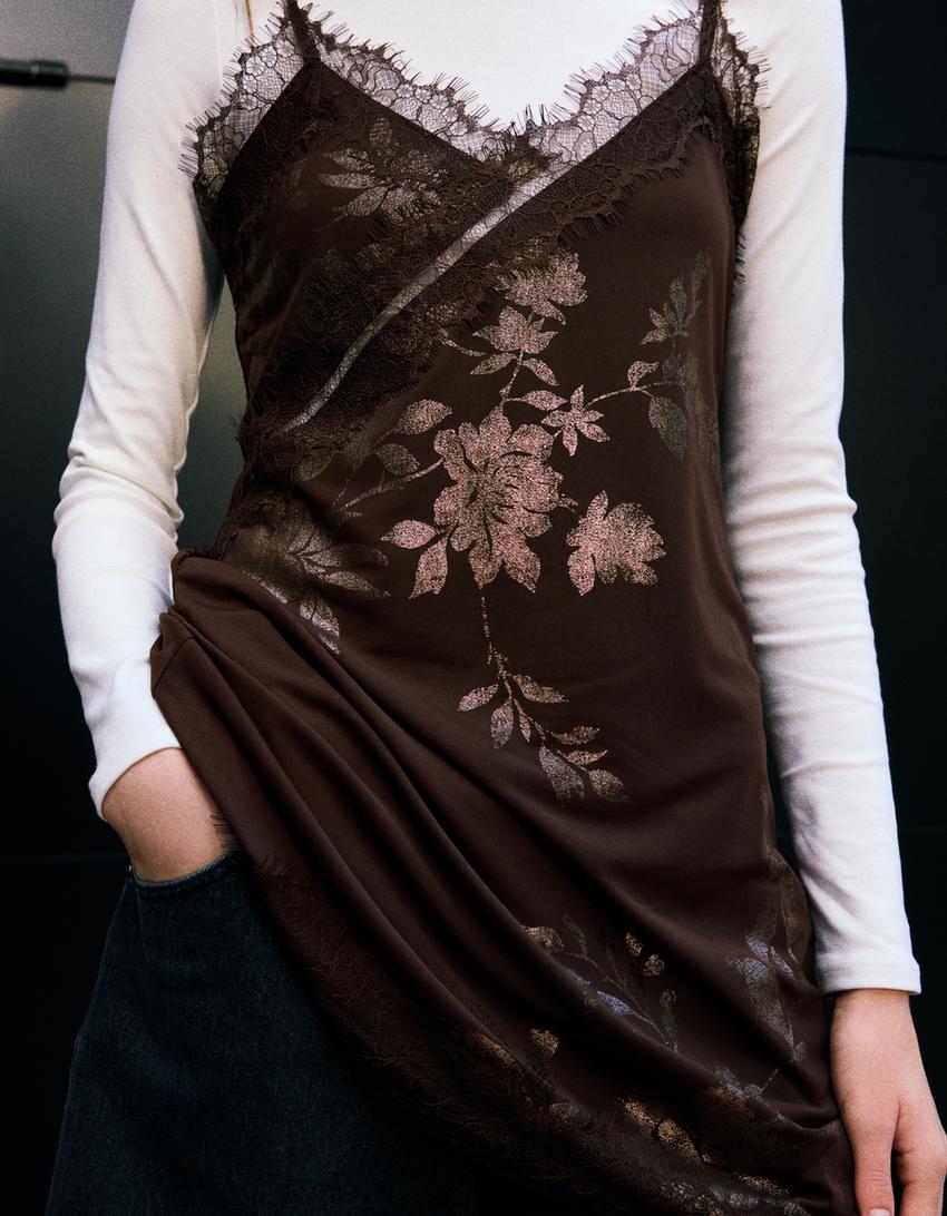 Vestido mini tul encaje-Marrón