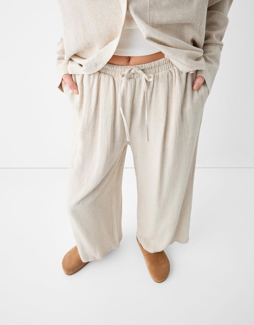 Culottes with linen and an elastic waist-Cream-3