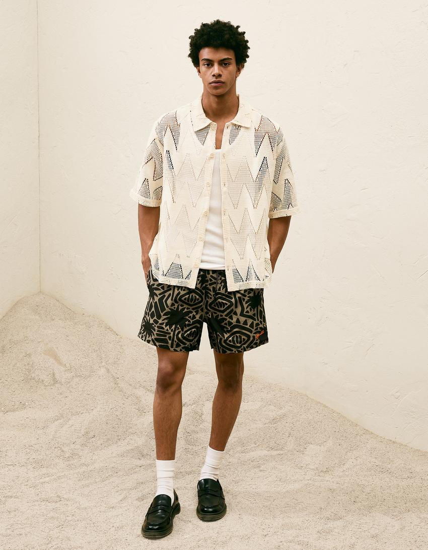 Kısa kollu dokulu gömlek-Kum rengi-3