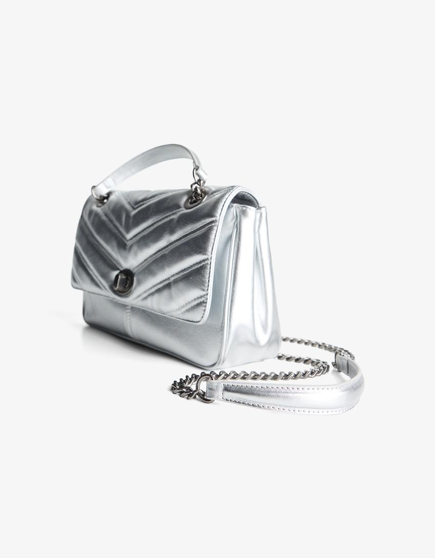 Quilted leather effect shoulder bag-Silver