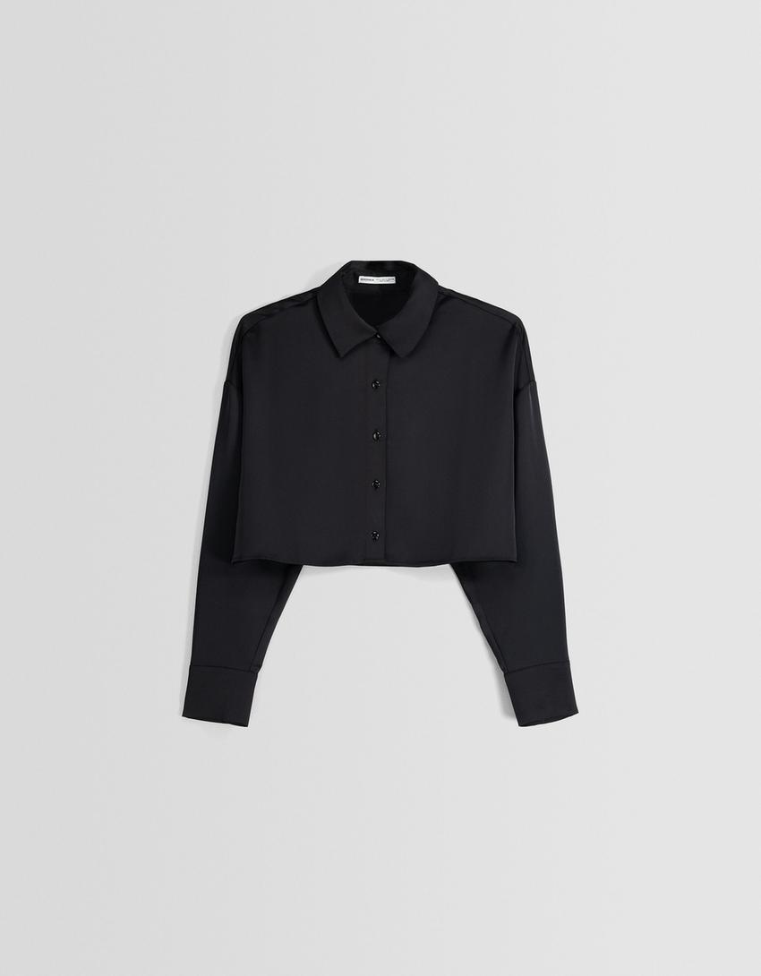 Satin long sleeve cropped shirt-Black-4