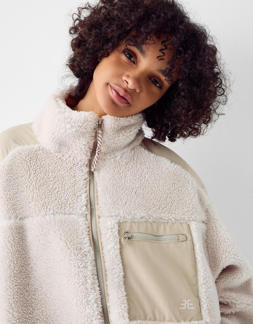 Contrast faux shearling nylon blend jacket-Cream-2