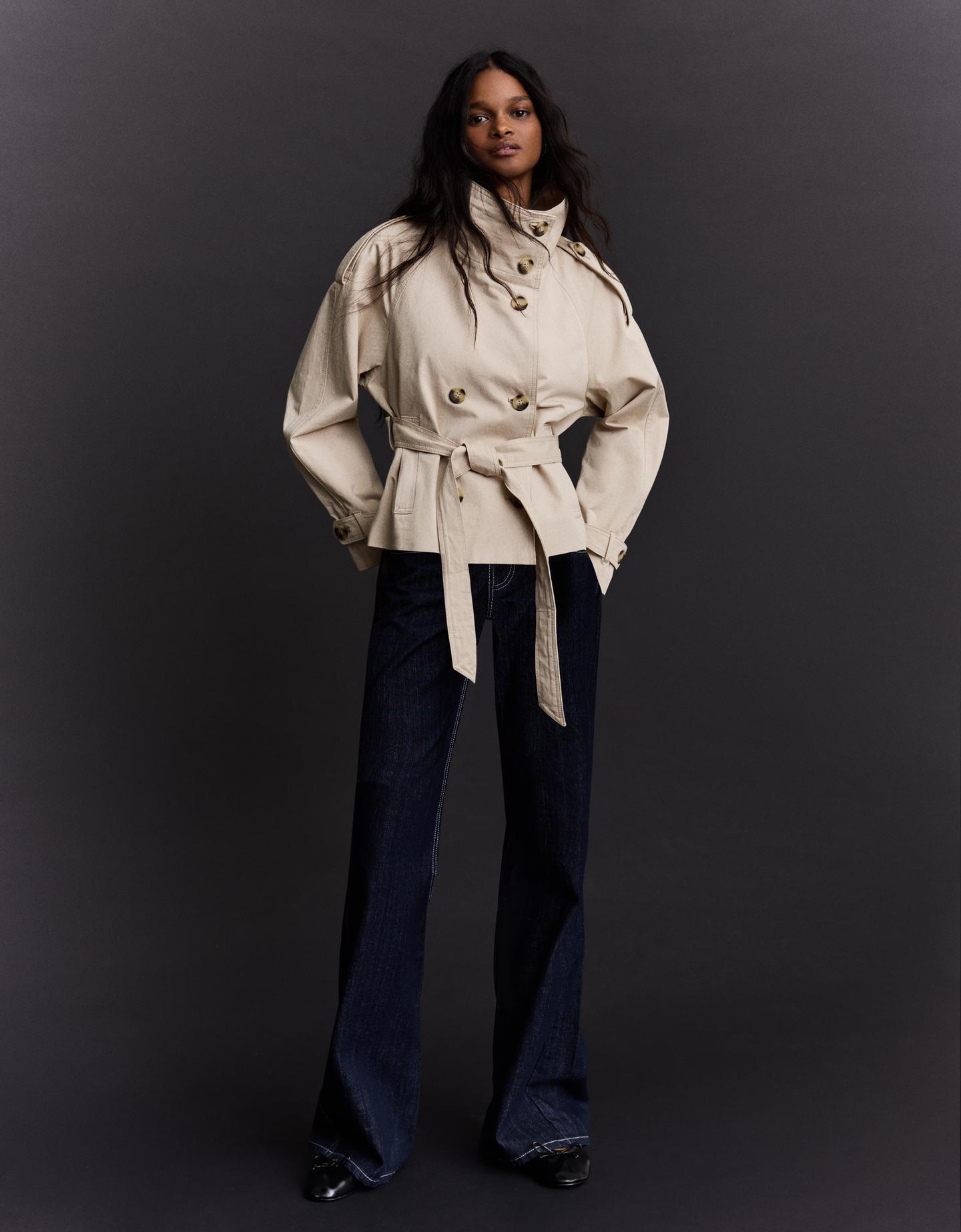 Bershka Cazadora Trench Cuello Funnel Mujer Arena