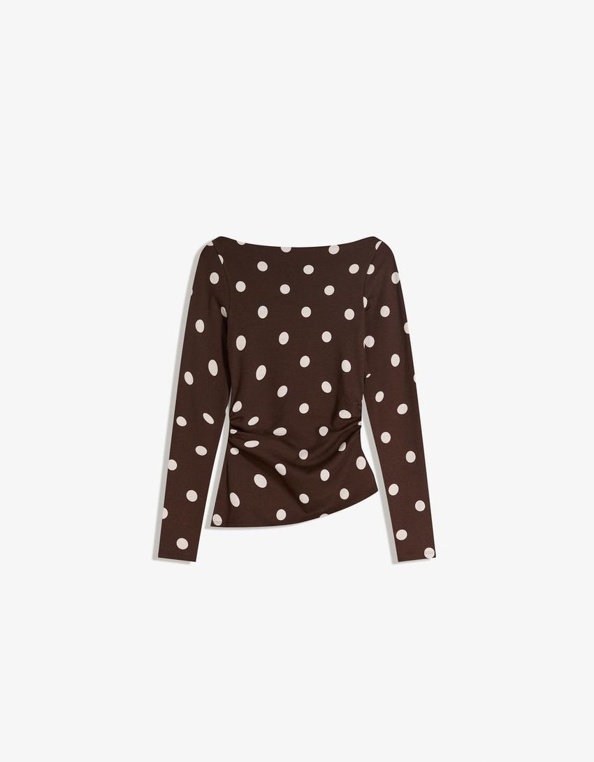 Long sleeve asymmetric T-shirt-Brown