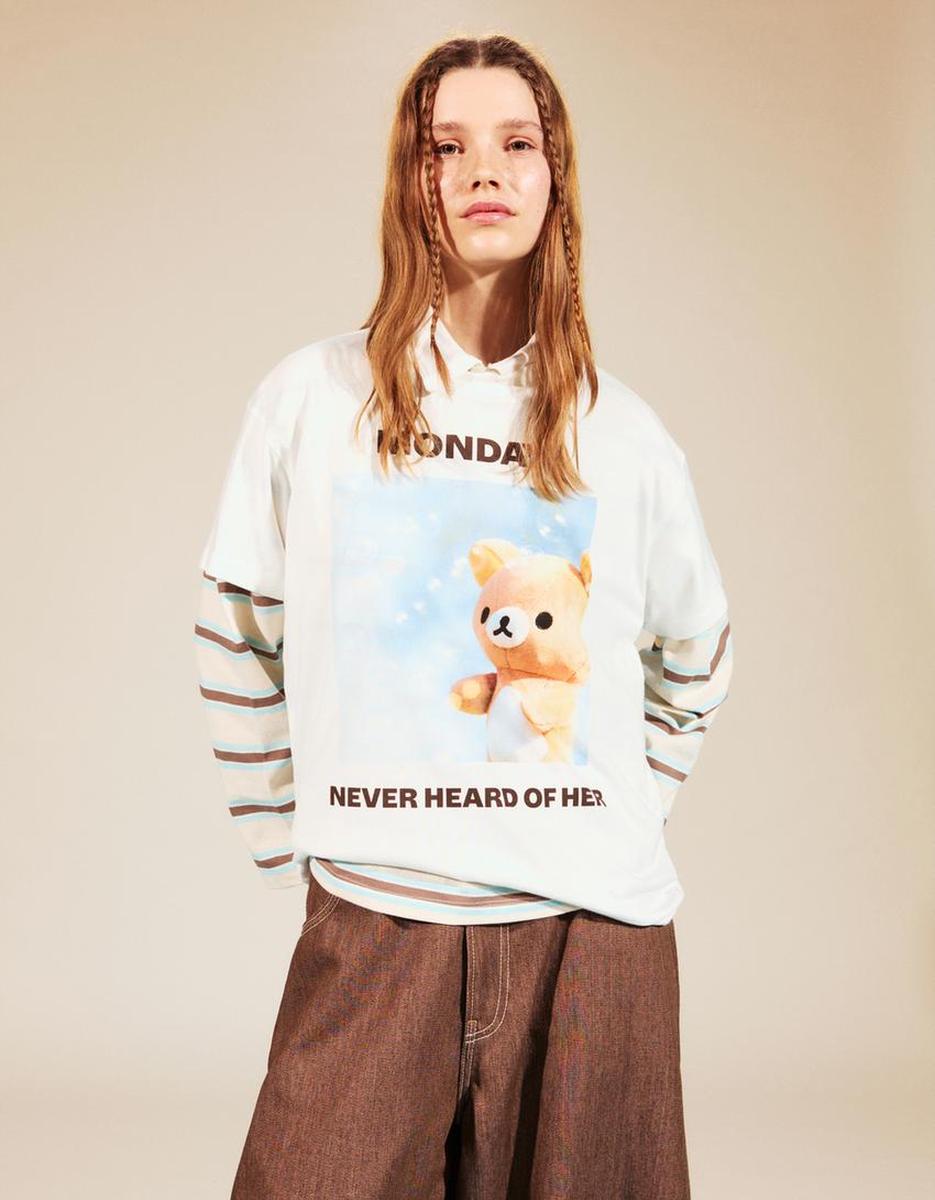 Rilakkuma T-Shirt mit kurzen Ärmeln und Print-Grbrochenes Weiss