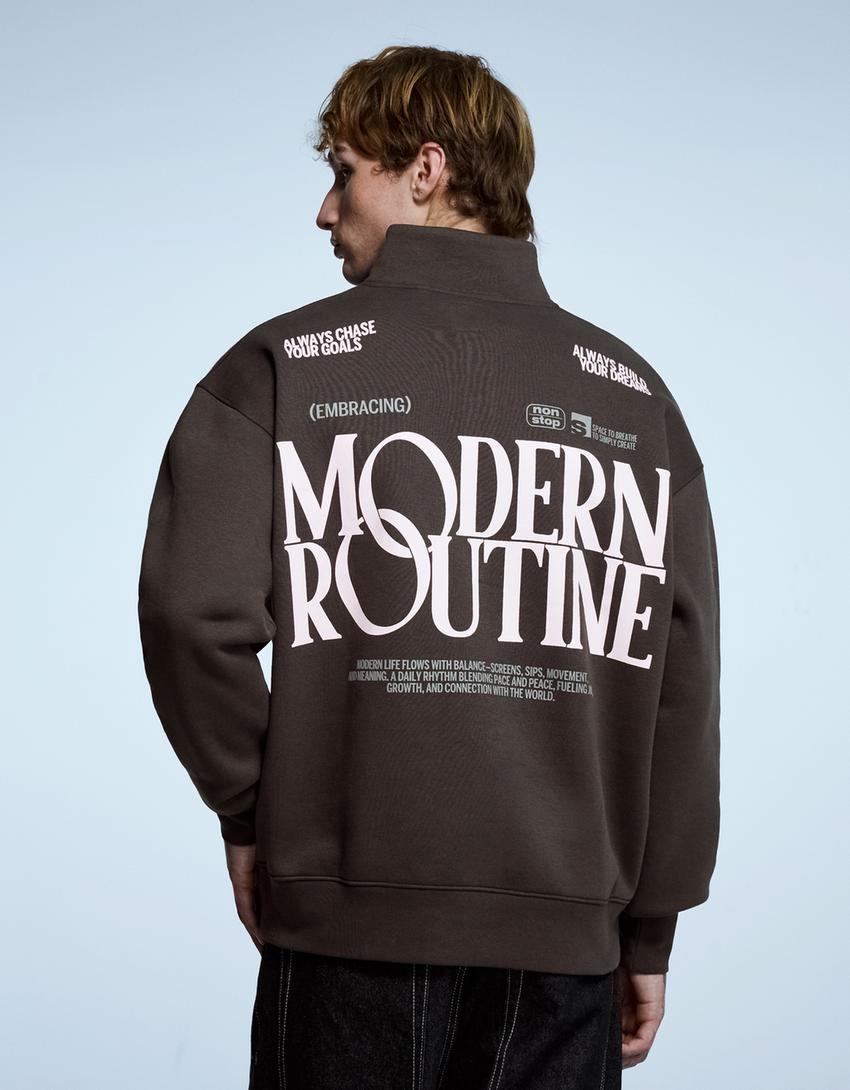 Sweatshirt gola fecho de correr estampado-Marrom