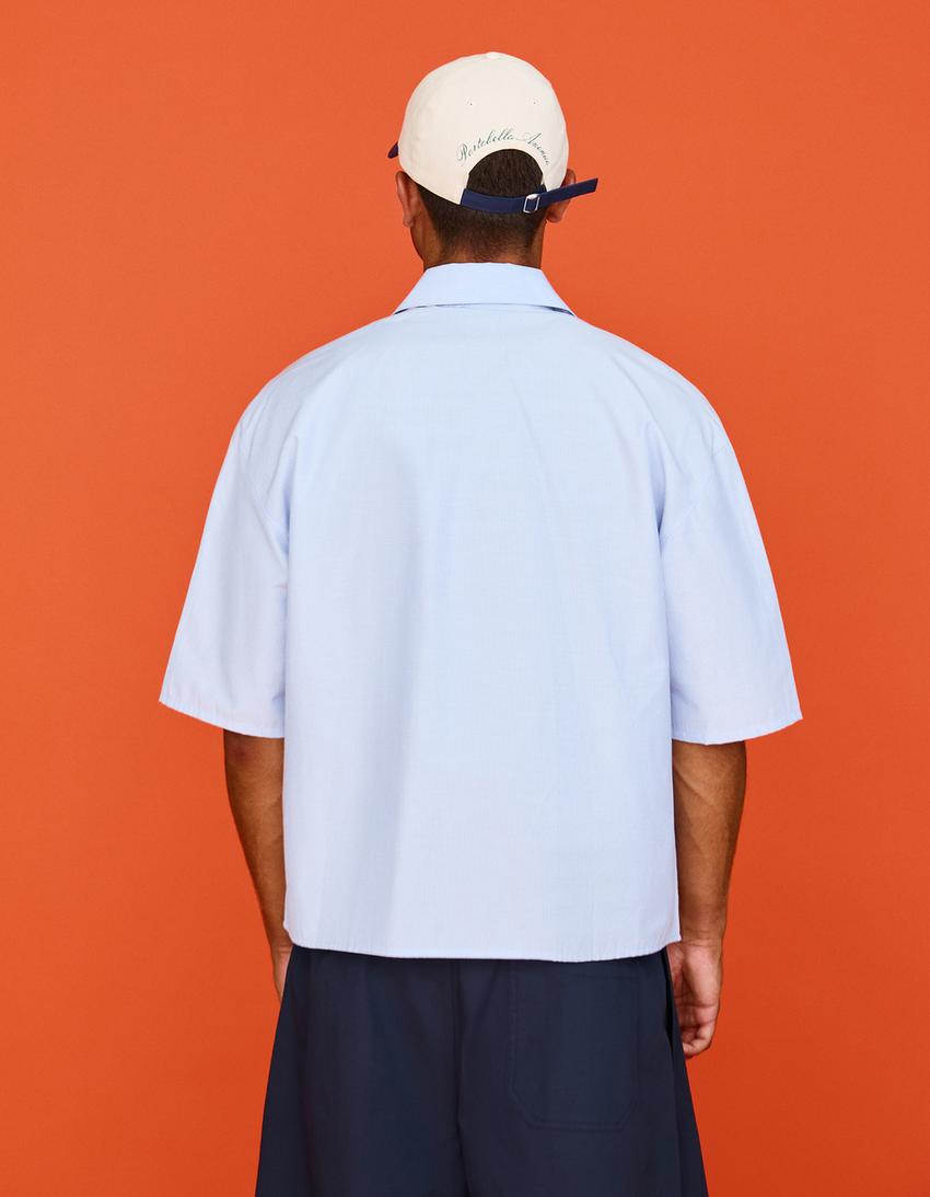 Oversize embroidered short sleeve shirt-Light blue