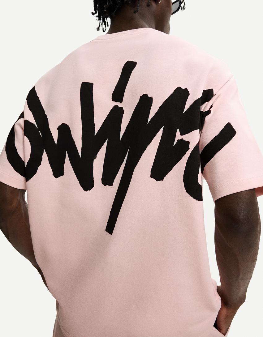 T-shirt manches courtes molleton imprimé-Rose-2