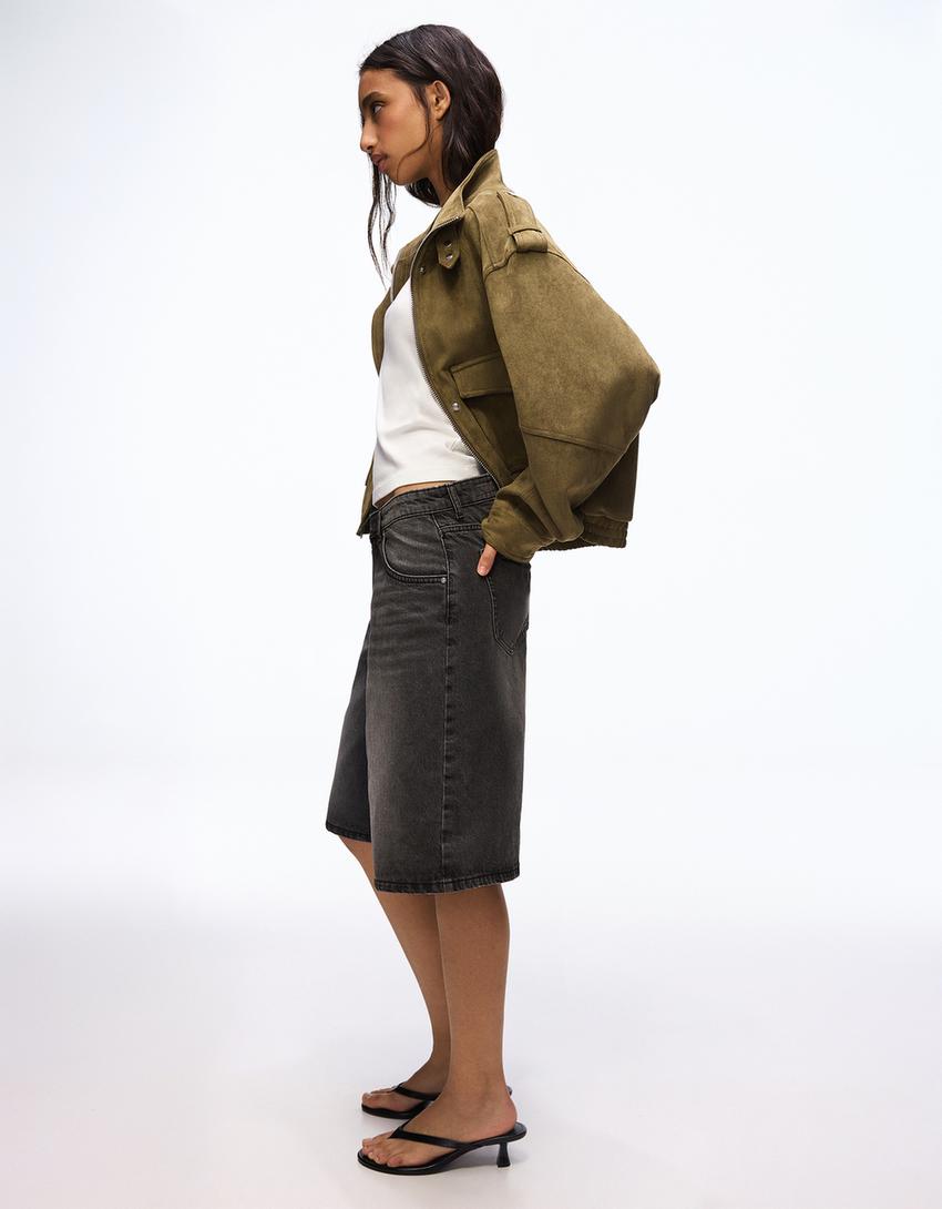 Baggy denim Bermuda shorts-Black