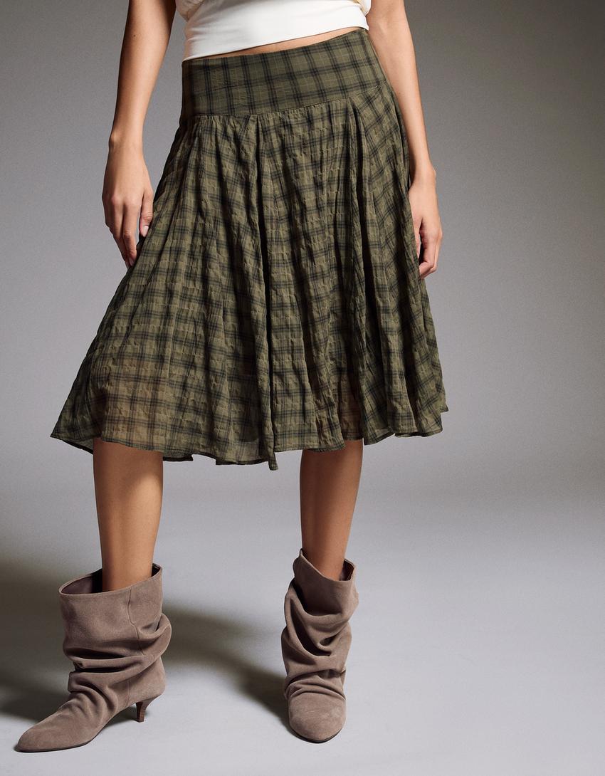 Checked full midi skirt-Khaki