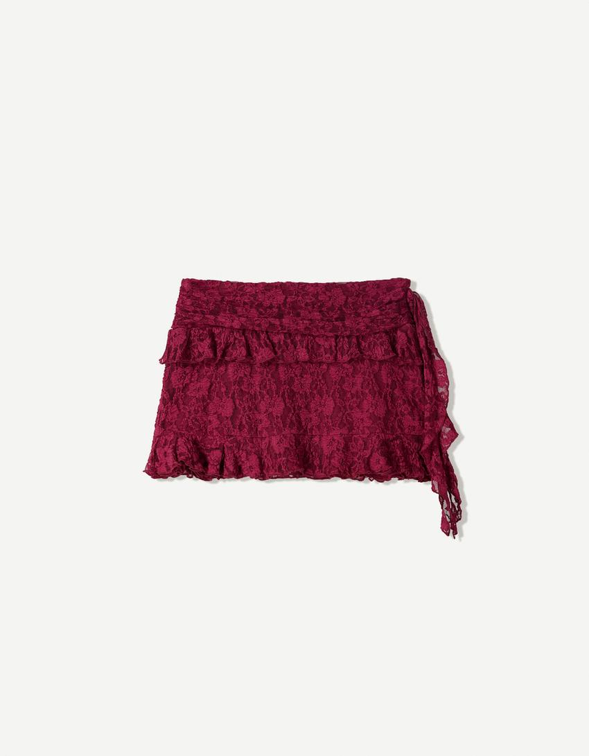 Blonde lace mini skirt with ruffles-Maroon