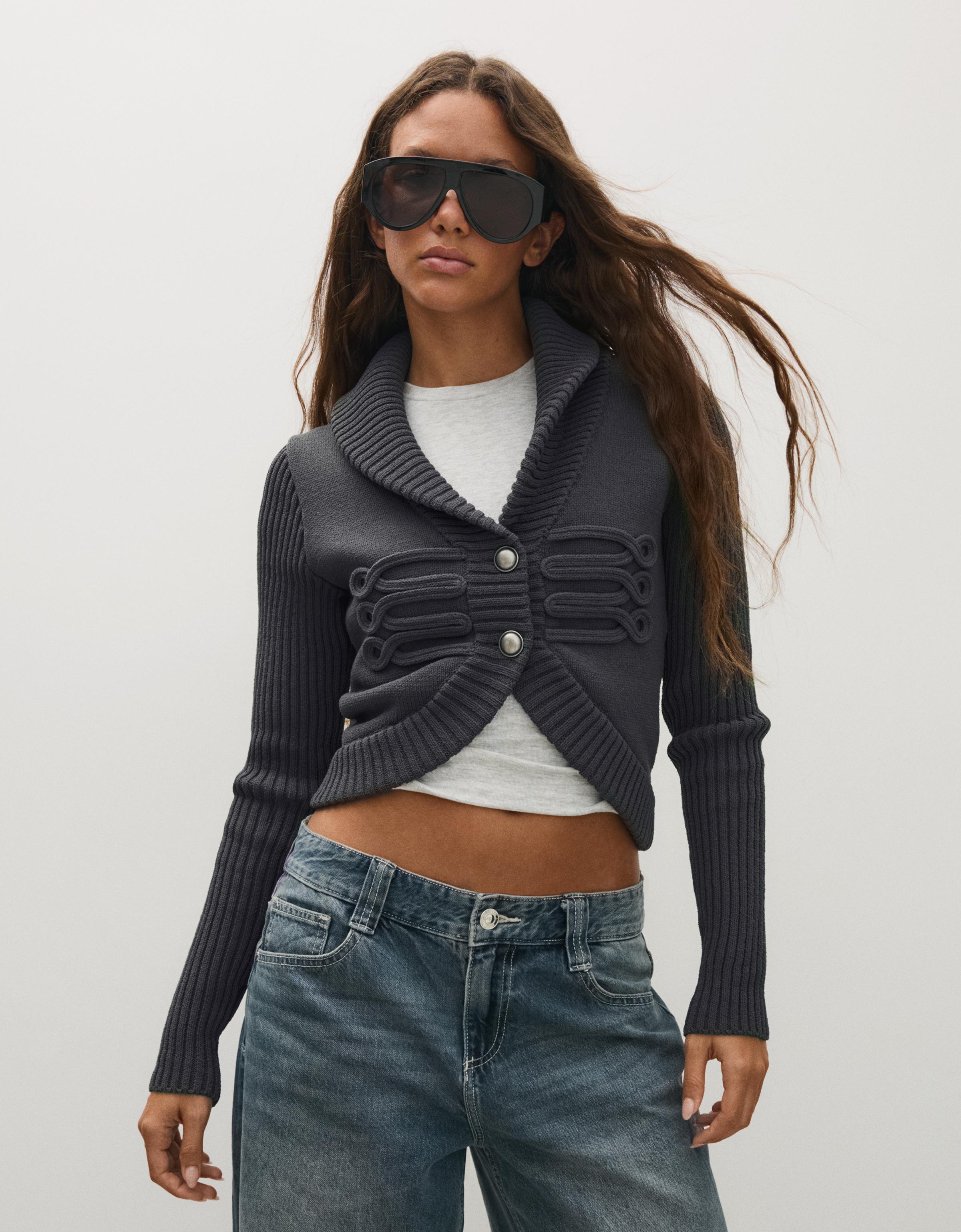 Lapel knit cardigan — Grey