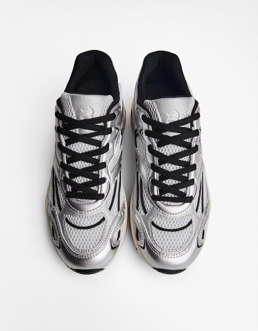 Buty sportowe z łączonych materiałów-Srebrny-3