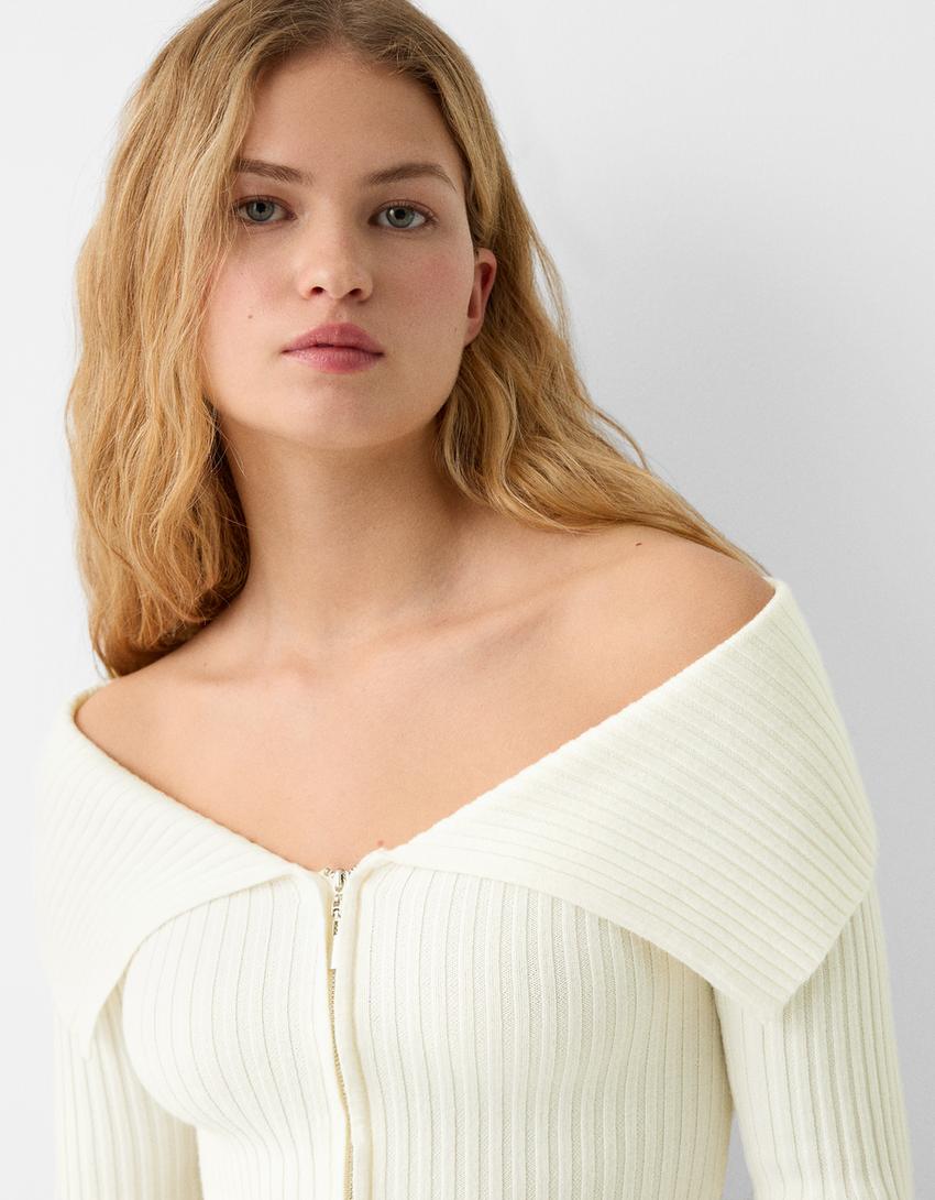 Gilet Bardot fermeture Éclair-Écru-2