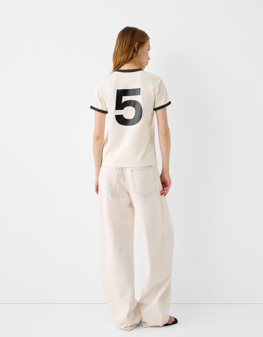 Kısa kollu kontrast detaylı spor t-shirt-Krem-1