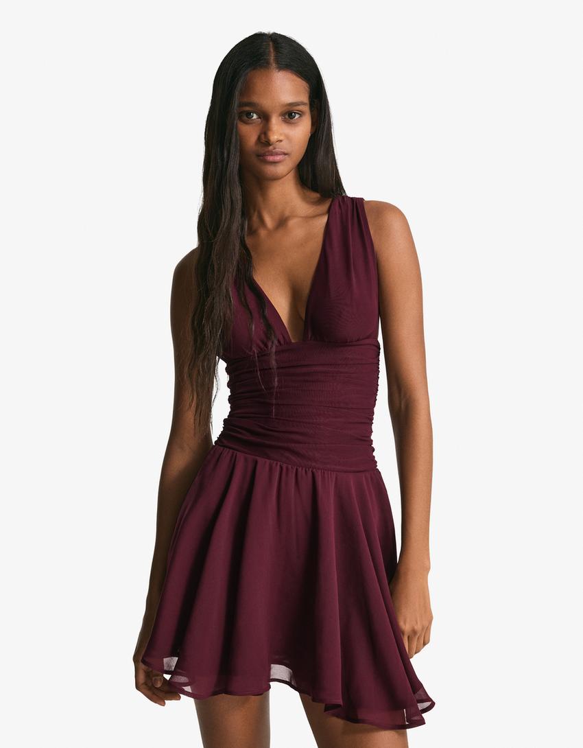 Vestido mini chifón vuelo-Granate