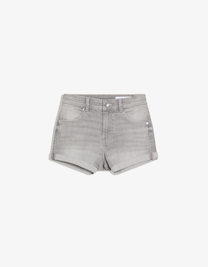 Denim roll-up shorts-Grey
