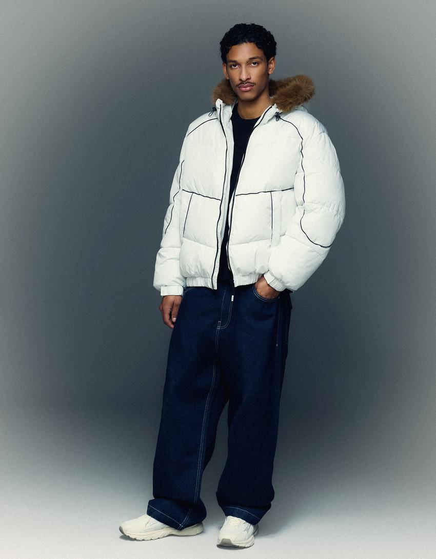 Jakna iz tehnične tkanine s kapuco iz umetnega krzna-Bela