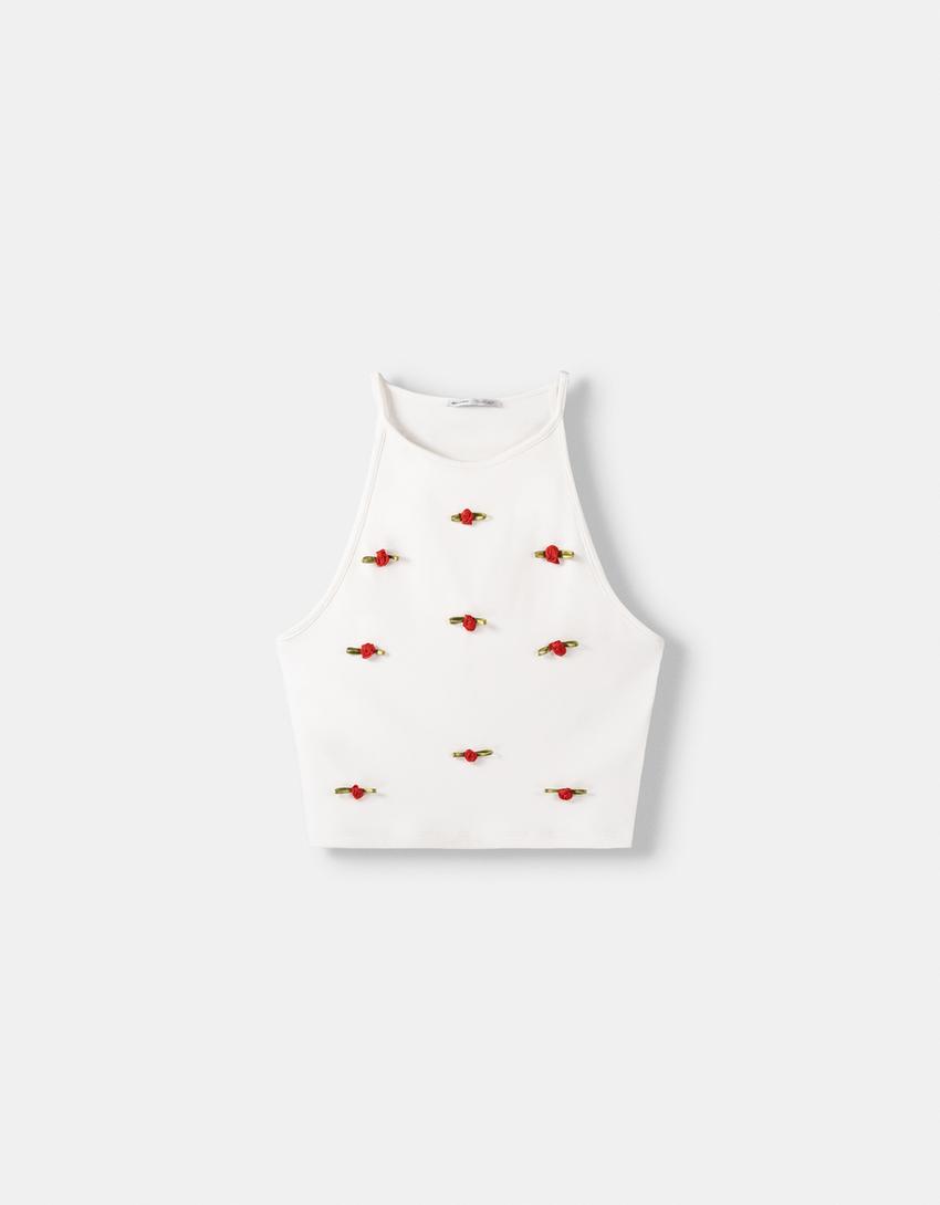 توب بياقة هالتر وطبعة زهور-كريمي-4