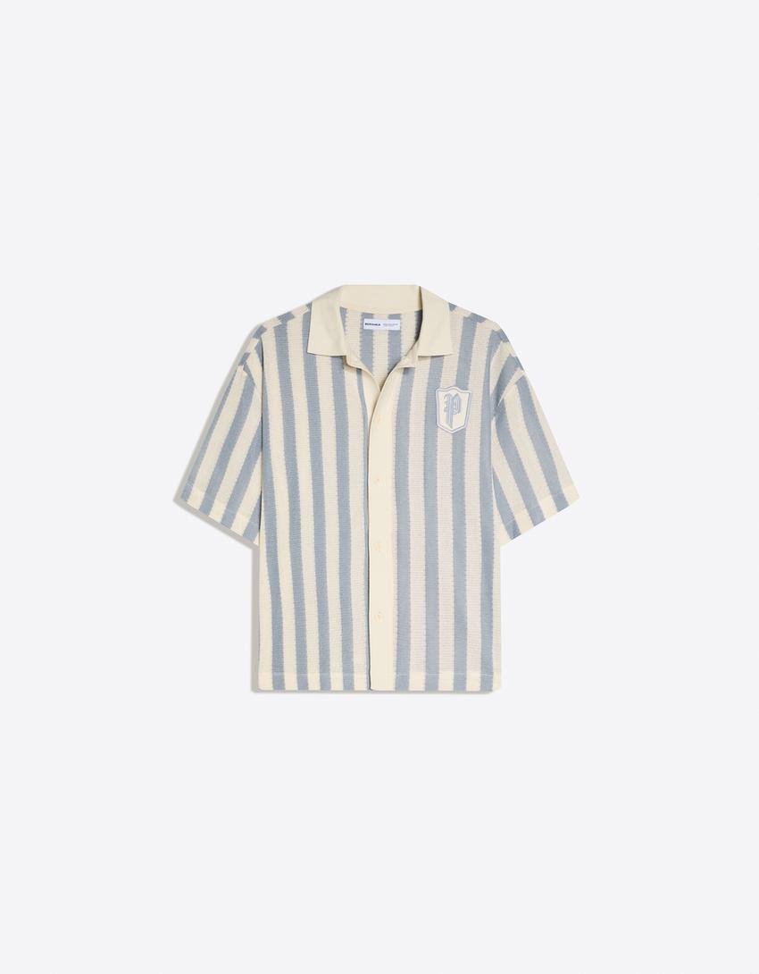 Short sleeve stripe patch shirt-Light blue
