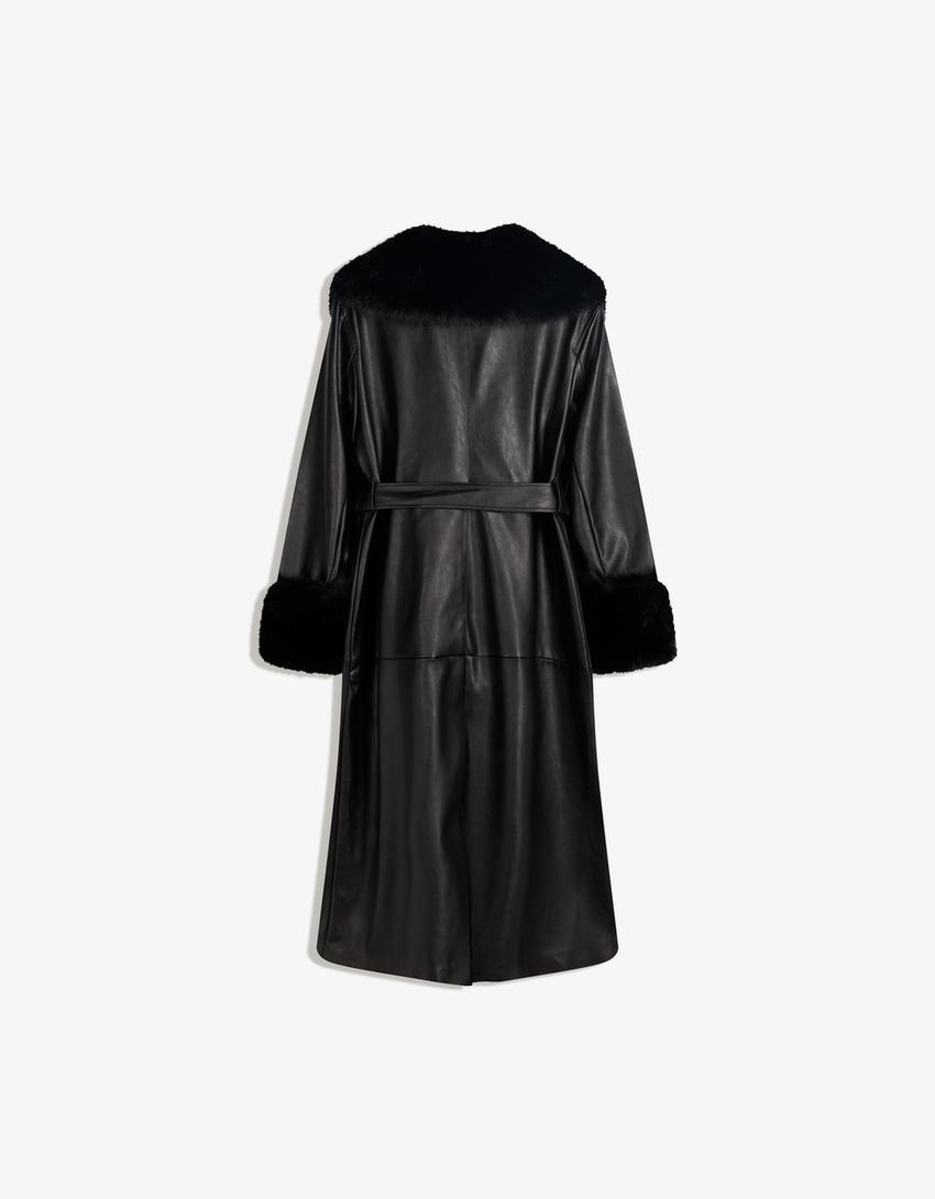 Leather effect coat with contrast faux fur-Black