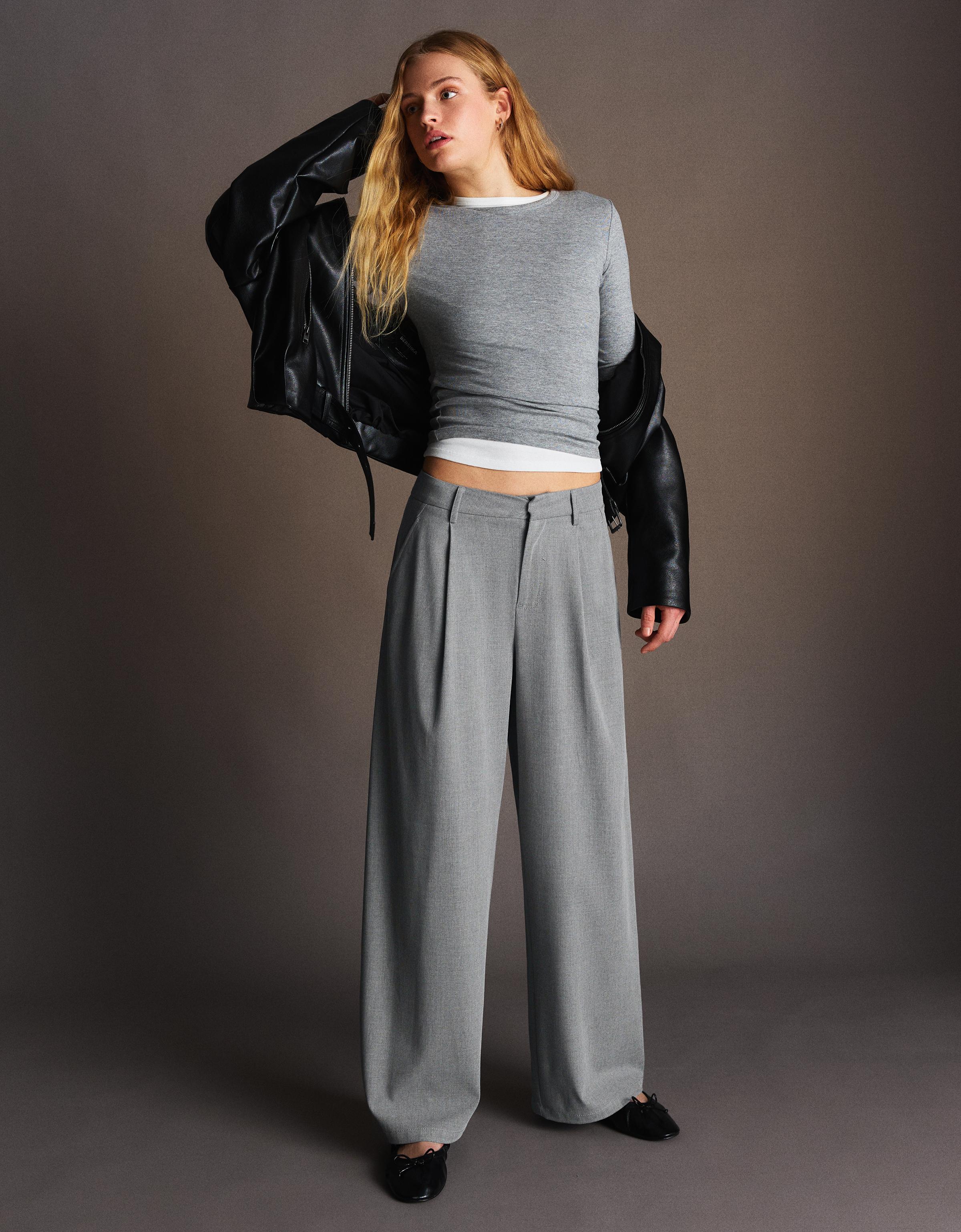Bershka Voluminöse Hose Aus Doppeltem Stoff Damen 42 Grau